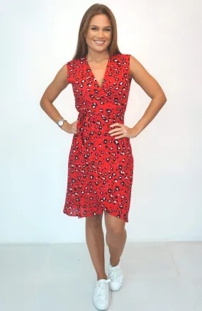 The Sleeveless Midi Wrap Dress - Red Animal