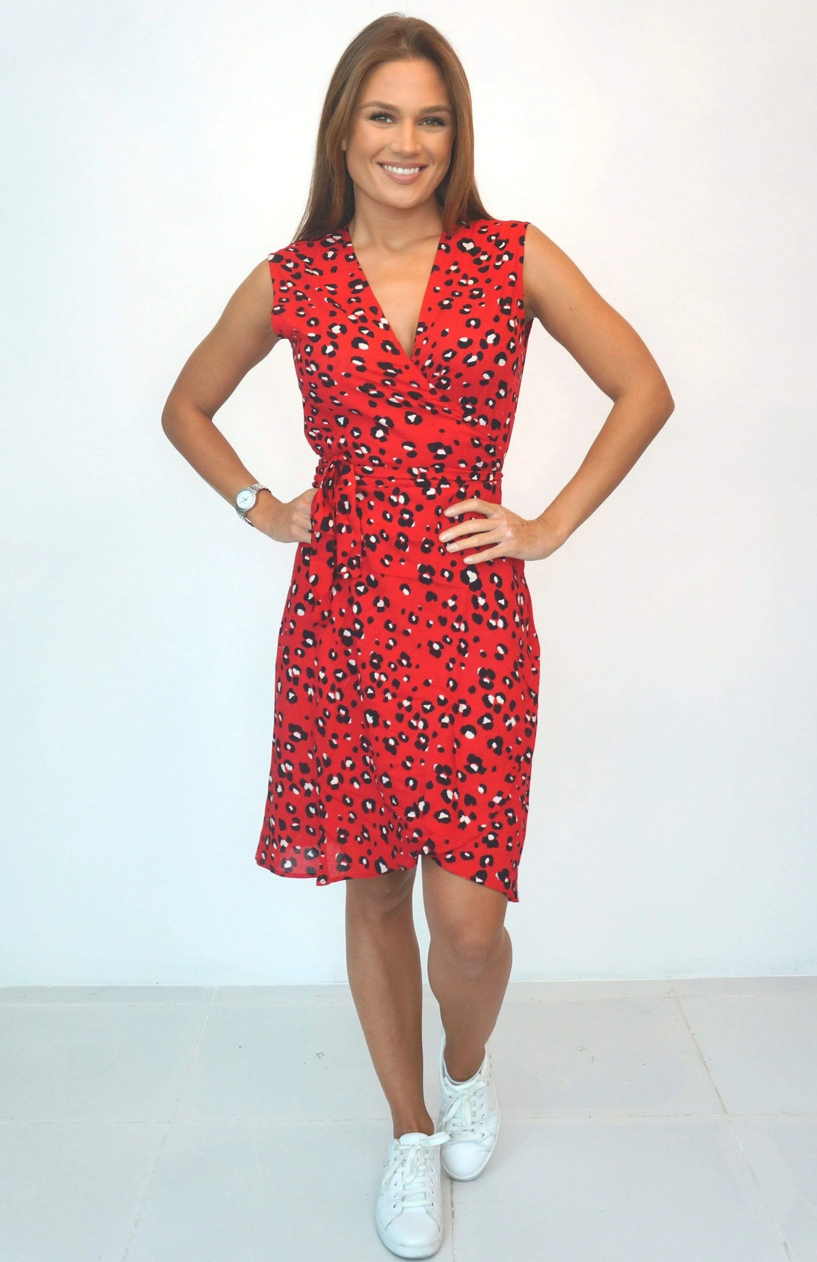 The Sleeveless Midi Wrap Dress - Red Animal