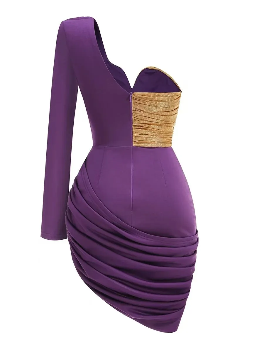 Trend4us Asymmetrical One-Sleeve Gold Ruched Mini Dress