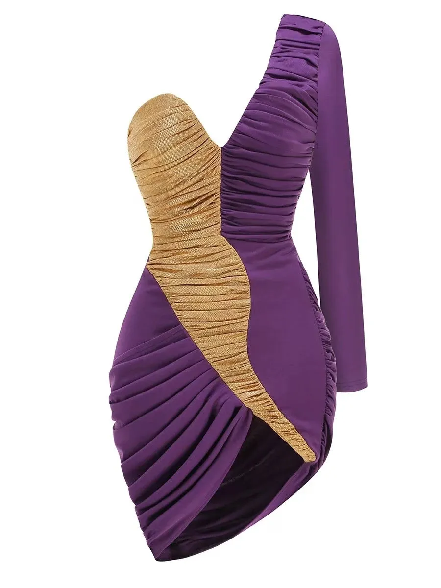 Trend4us Asymmetrical One-Sleeve Gold Ruched Mini Dress