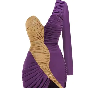 Trend4us Asymmetrical One-Sleeve Gold Ruched Mini Dress