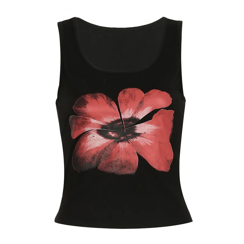Uniwim barn jacket outfits Y2g Retro Dark Flower Print Personalized round Neck Vest Hot Girl Elastic Slim Slimming Niche Short Top
