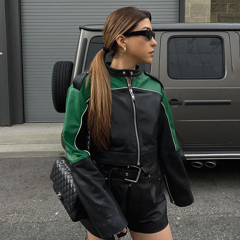 Uniwim starboy outfit PU Leather Stitching Contrast Color Basic Zipper Long Sleeve Jacket High Waist Slim Trousers Trendy Motorcycle Suit Women