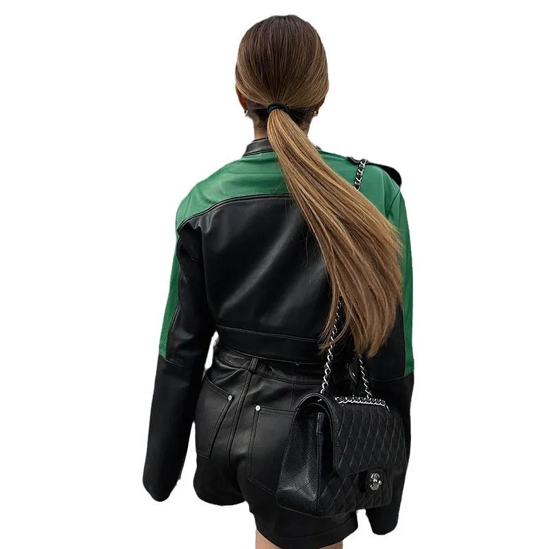 Uniwim starboy outfit PU Leather Stitching Contrast Color Basic Zipper Long Sleeve Jacket High Waist Slim Trousers Trendy Motorcycle Suit Women