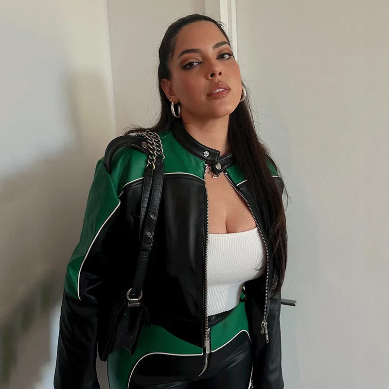 Uniwim starboy outfit PU Leather Stitching Contrast Color Basic Zipper Long Sleeve Jacket High Waist Slim Trousers Trendy Motorcycle Suit Women