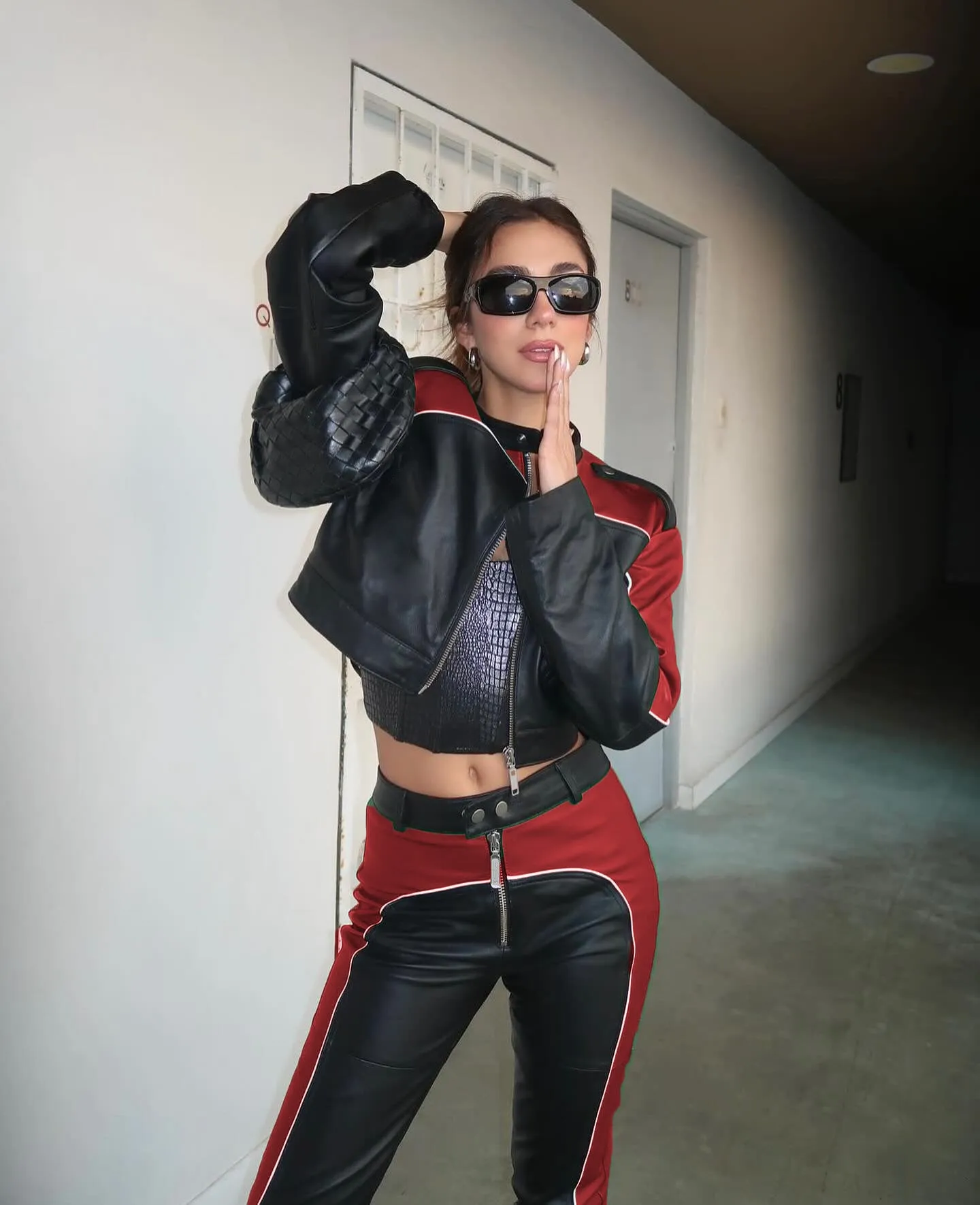 Uniwim starboy outfit PU Leather Stitching Contrast Color Basic Zipper Long Sleeve Jacket High Waist Slim Trousers Trendy Motorcycle Suit Women