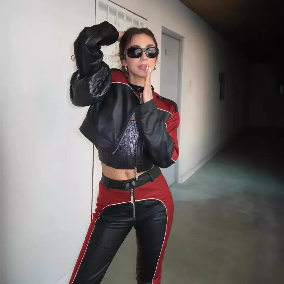 Uniwim starboy outfit PU Leather Stitching Contrast Color Basic Zipper Long Sleeve Jacket High Waist Slim Trousers Trendy Motorcycle Suit Women