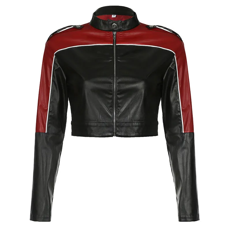 Uniwim starboy outfit PU Leather Stitching Contrast Color Basic Zipper Long Sleeve Jacket High Waist Slim Trousers Trendy Motorcycle Suit Women