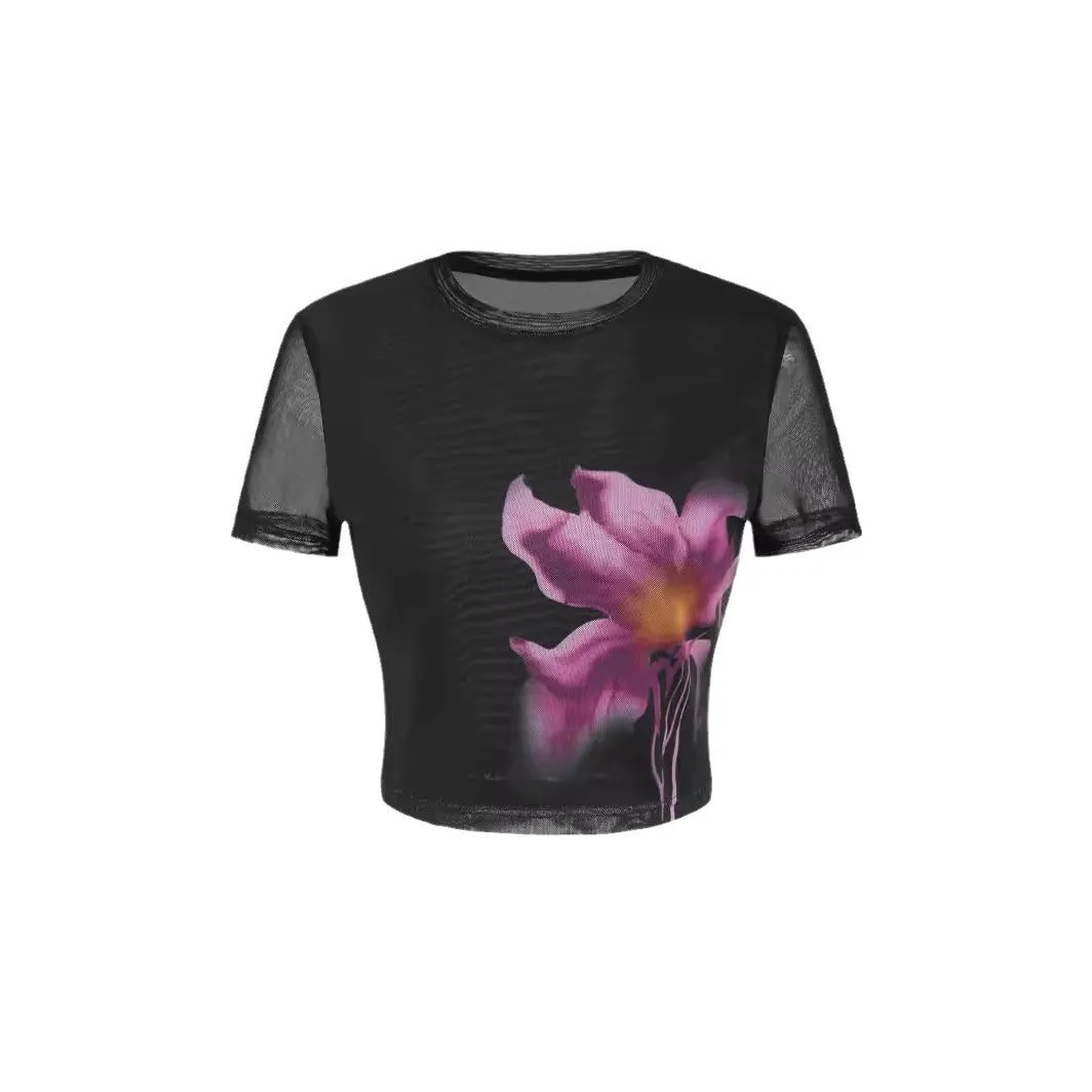 Wjczt barn jacket outfits 2024 Street Casual All-Match Top Ins Niche Tie-Dyed Mesh round Neck Short Sleeve T-shirt for Women