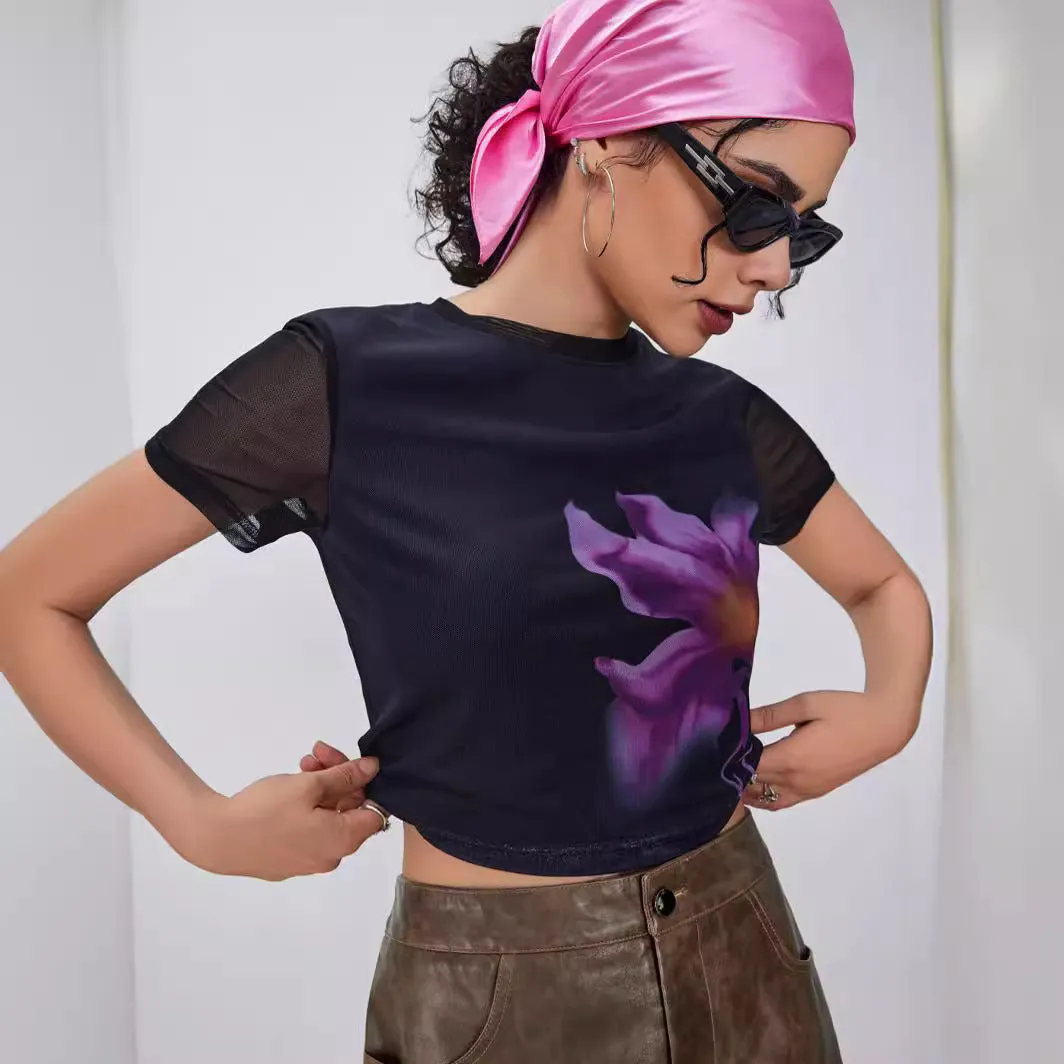 Wjczt barn jacket outfits 2024 Street Casual All-Match Top Ins Niche Tie-Dyed Mesh round Neck Short Sleeve T-shirt for Women