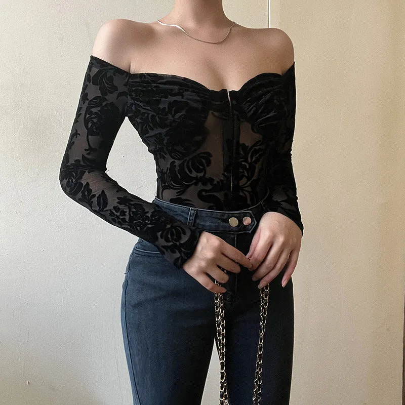 Wjczt barn jacket outfits Summer New Lace Printed Slim-Fit Jumpsuit Style Flocking off-Shoulder Long-Sleeved Top for Women