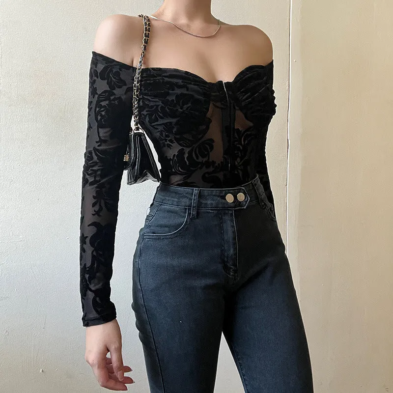 Wjczt barn jacket outfits Summer New Lace Printed Slim-Fit Jumpsuit Style Flocking off-Shoulder Long-Sleeved Top for Women