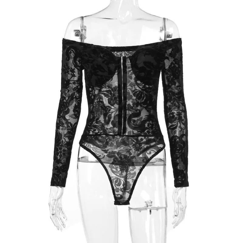 Wjczt barn jacket outfits Summer New Lace Printed Slim-Fit Jumpsuit Style Flocking off-Shoulder Long-Sleeved Top for Women