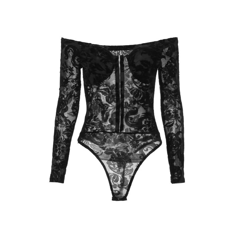 Wjczt barn jacket outfits Summer New Lace Printed Slim-Fit Jumpsuit Style Flocking off-Shoulder Long-Sleeved Top for Women