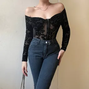 Wjczt barn jacket outfits Summer New Lace Printed Slim-Fit Jumpsuit Style Flocking off-Shoulder Long-Sleeved Top for Women