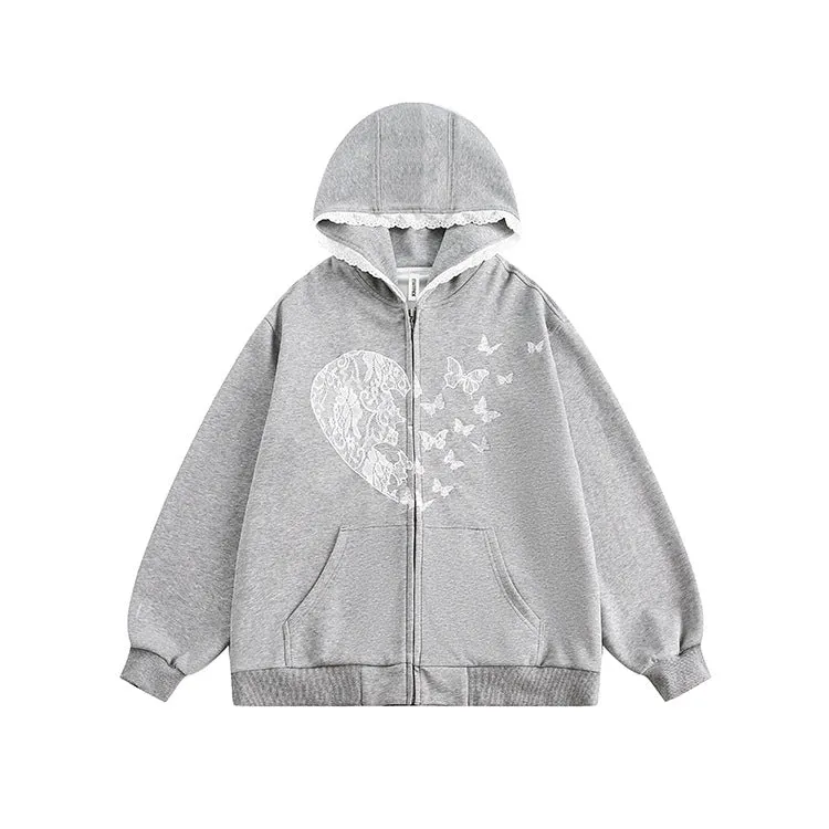 Wjczt grunge dti American Retro Bow Lace Stitching Gray Casual Hooded Sweater Men's and Women's Loose Zipper Cardigan Jacket