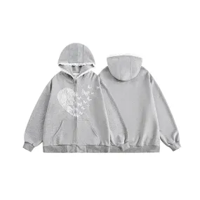 Wjczt grunge dti American Retro Bow Lace Stitching Gray Casual Hooded Sweater Men's and Women's Loose Zipper Cardigan Jacket