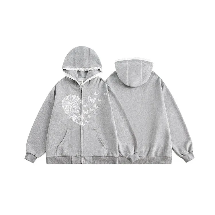 Wjczt grunge dti American Retro Bow Lace Stitching Gray Casual Hooded Sweater Men's and Women's Loose Zipper Cardigan Jacket