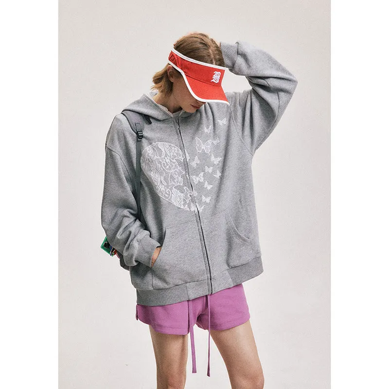Wjczt grunge dti American Retro Bow Lace Stitching Gray Casual Hooded Sweater Men's and Women's Loose Zipper Cardigan Jacket