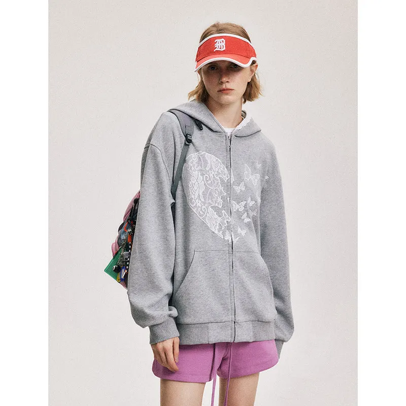 Wjczt grunge dti American Retro Bow Lace Stitching Gray Casual Hooded Sweater Men's and Women's Loose Zipper Cardigan Jacket