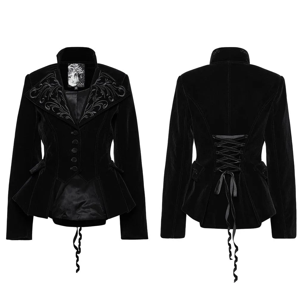 Women's Gothic Turn-down Collar Swallow-tailed Velvet Jacket Black