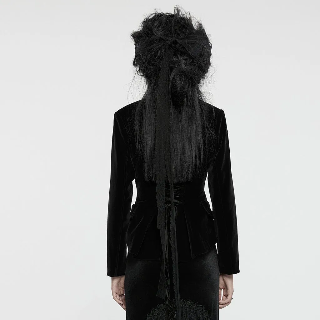 Women's Gothic Turn-down Collar Swallow-tailed Velvet Jacket Black