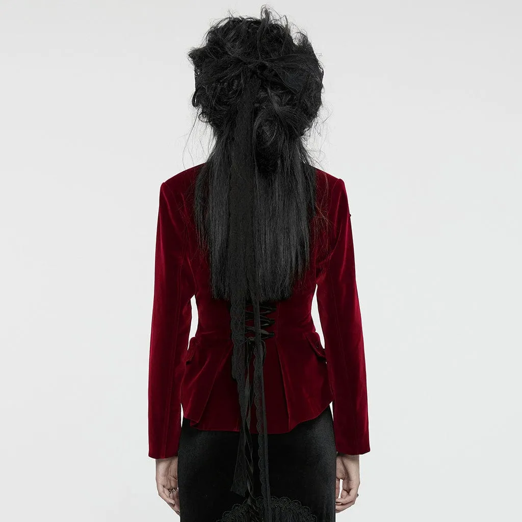 Women's Gothic Turn-down Collar Swallow-tailed Velvet Jacket Red