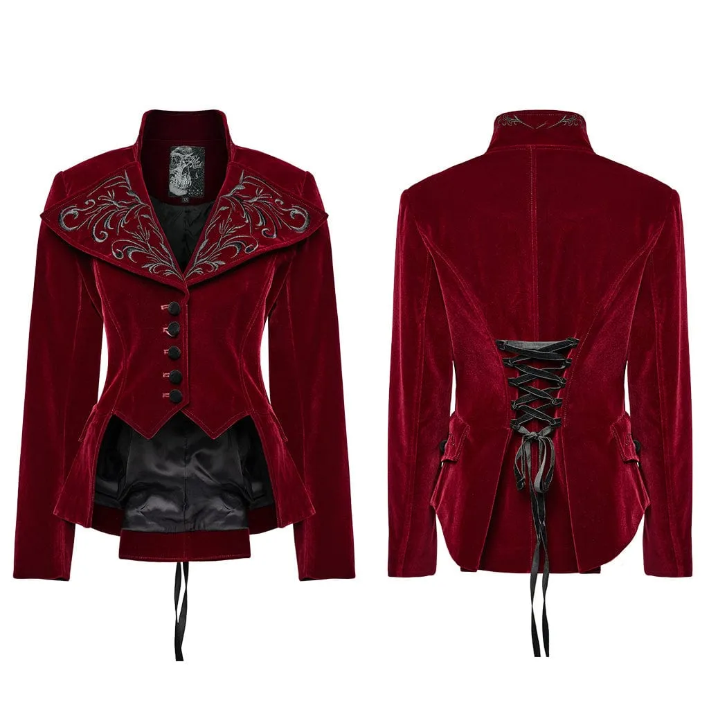 Women's Gothic Turn-down Collar Swallow-tailed Velvet Jacket Red