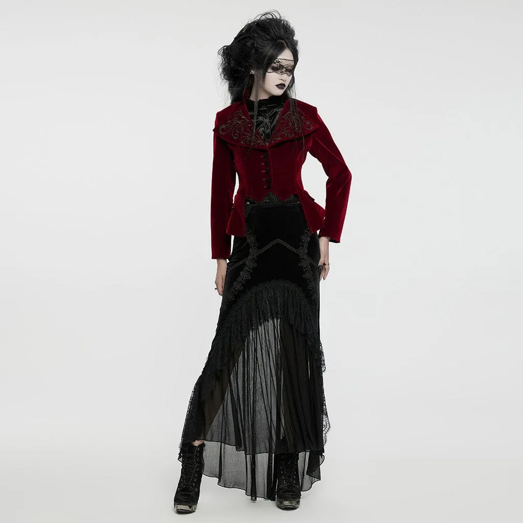 Women's Gothic Turn-down Collar Swallow-tailed Velvet Jacket Red