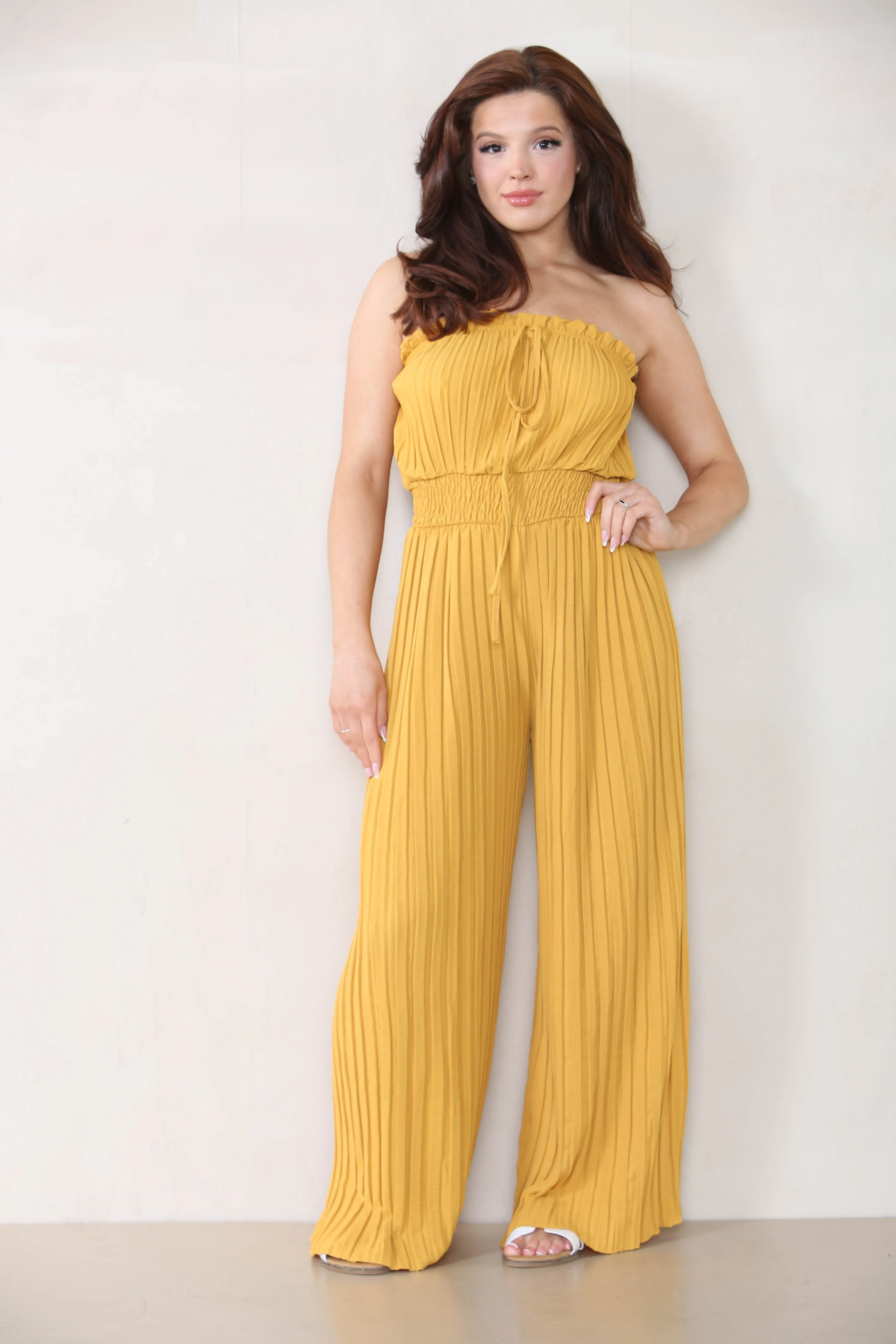Women's Versatile Tie-Up Ruched Thin Waist Pleated Wide Leg Jumpsuit