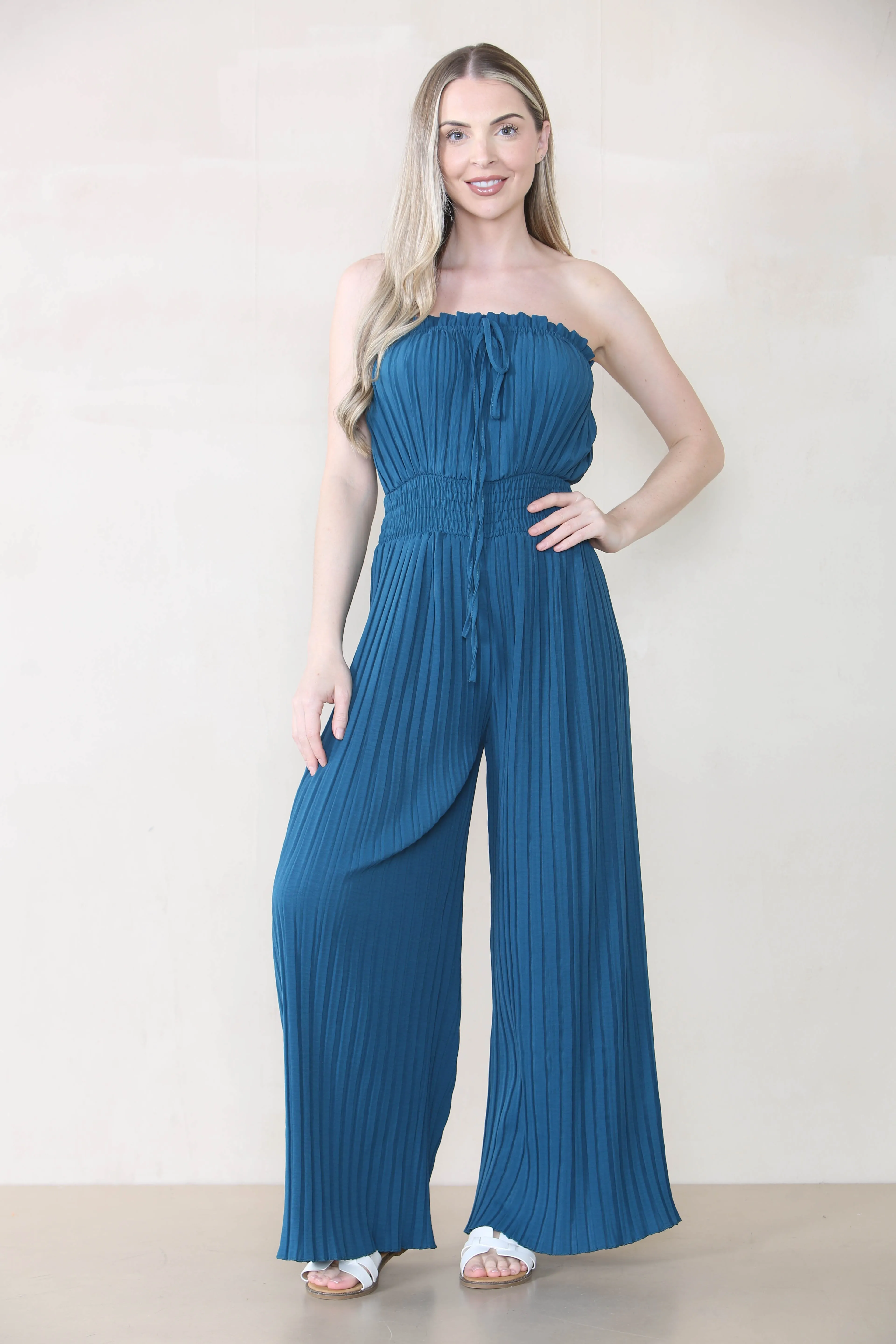 Women's Versatile Tie-Up Ruched Thin Waist Pleated Wide Leg Jumpsuit