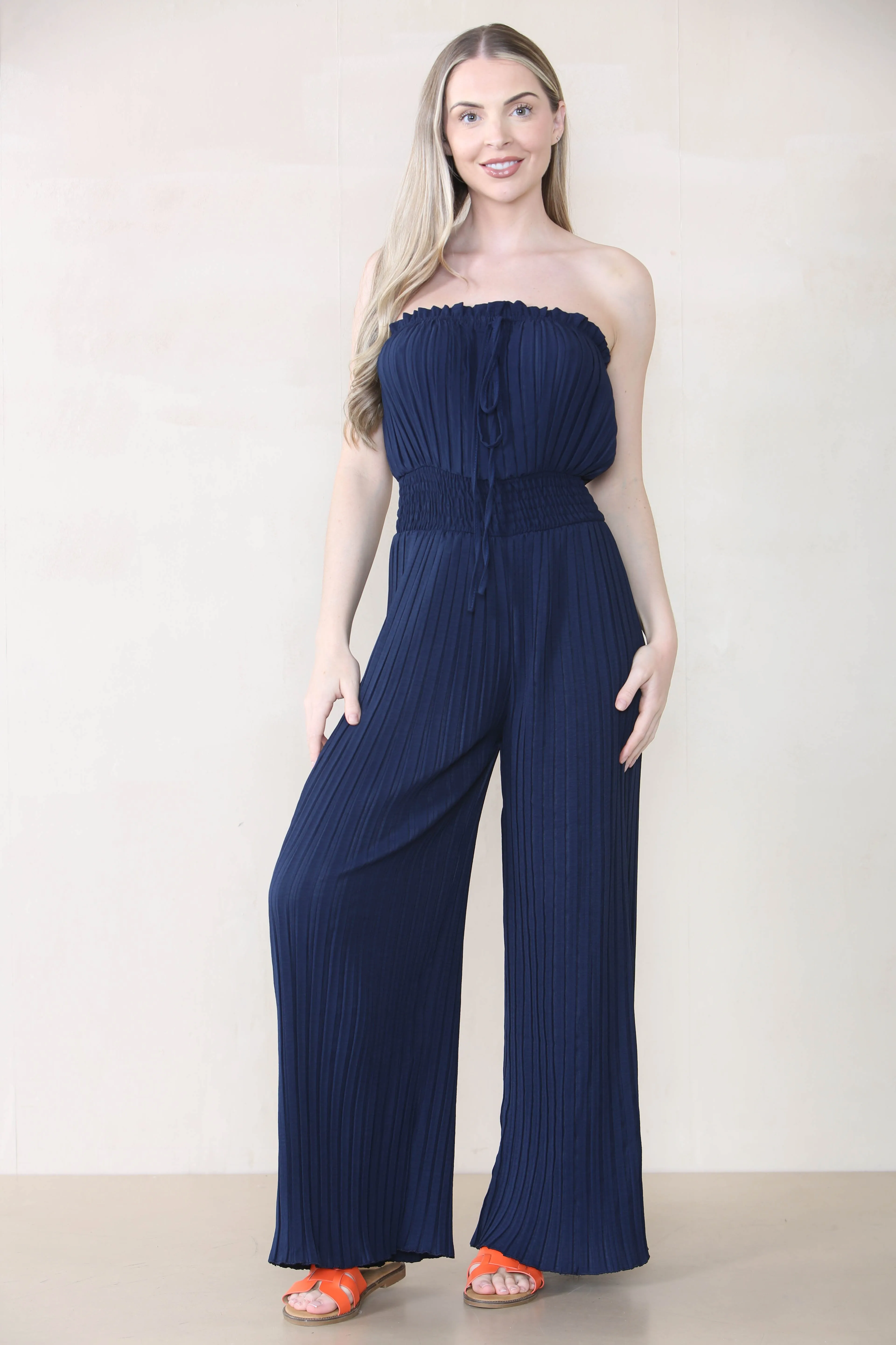 Women's Versatile Tie-Up Ruched Thin Waist Pleated Wide Leg Jumpsuit