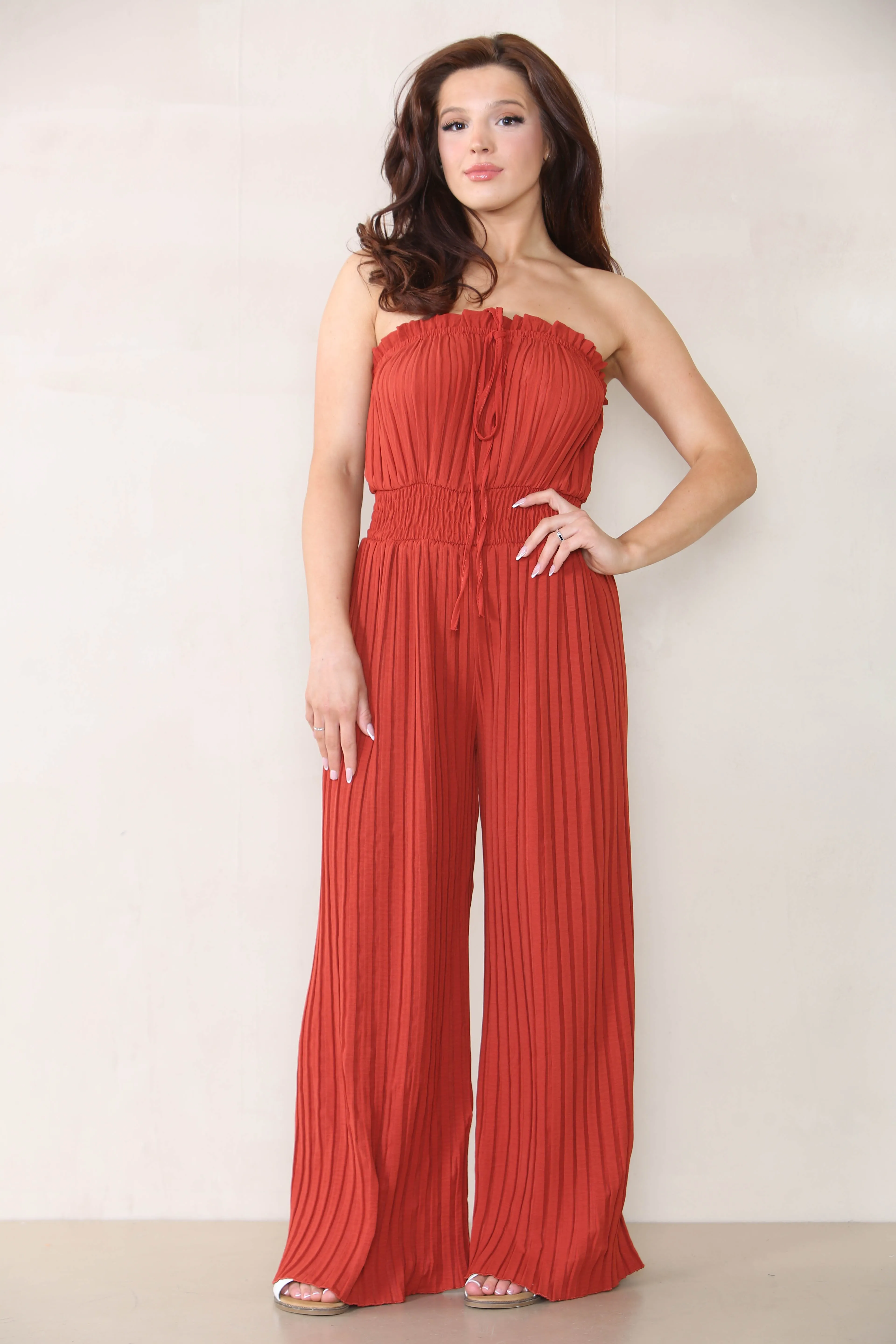 Women's Versatile Tie-Up Ruched Thin Waist Pleated Wide Leg Jumpsuit